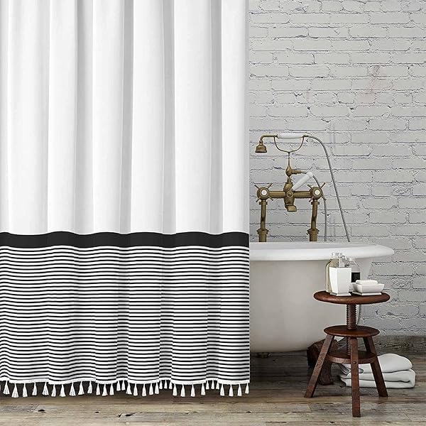 Seasonwood Black & White Striped Shower Curtain with Tassels - 72x72 Heavy Weighted Bathroom Decor - Image 2