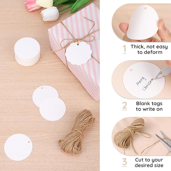 Segarty Blank Paper Tags - 100 PCS White Round Gift Tags with 65 Feet Jute Twine, Great for Crafts, Nametags, Gifts Wrapping, Birthdays Greeting Card - Image 3