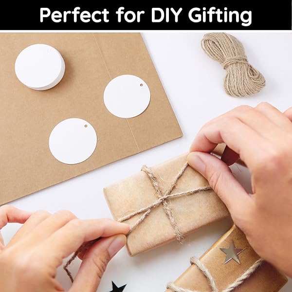 Segarty Blank Paper Tags - 100 PCS White Round Gift Tags with 65 Feet Jute Twine, Great for Crafts, Nametags, Gifts Wrapping, Birthdays Greeting Card - Image 4