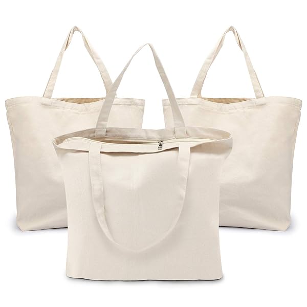 Segarty Heavy Duty Blank Tote Canvas Bags with Zipper 3 Pack 19.7x15.7 inch Reusable Washable Grocery Shopping Bags for DIY Crafts