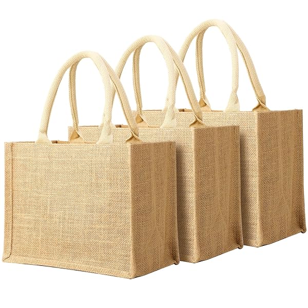 Segarty Burlap Tote Bags, 3 Pcs Small Natural Jute Reusable Gift Favors Bag with handles Blank Tote Bulk for Bridesmaid Wedding, Women Market Grocery