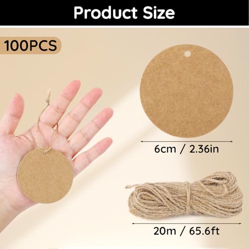 Segarty Circle Gift Tags - 100 PCS Brown Round Thick Kraft Blank Hang Paper Tags with 65 Feet Jute Twine for Craft Projects, Birthday Gifts, Greeting - Image 2