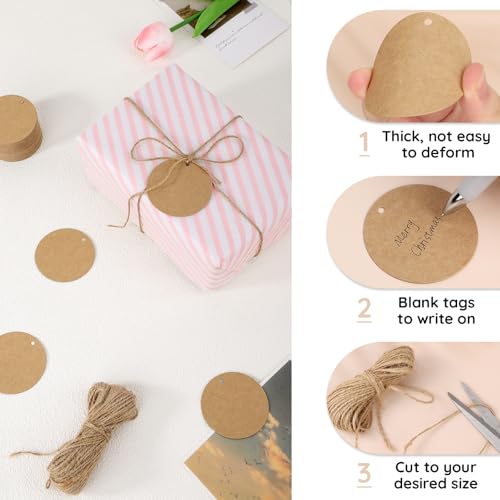 Segarty Circle Gift Tags - 100 PCS Brown Round Thick Kraft Blank Hang Paper Tags with 65 Feet Jute Twine for Craft Projects, Birthday Gifts, Greeting - Image 3