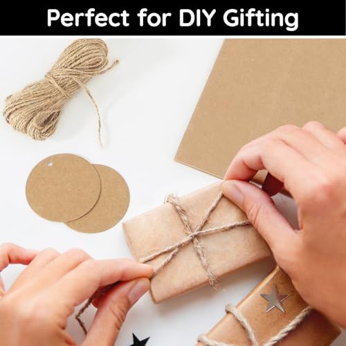 Segarty Circle Gift Tags - 100 PCS Brown Round Thick Kraft Blank Hang Paper Tags with 65 Feet Jute Twine for Craft Projects, Birthday Gifts, Greeting - Image 4