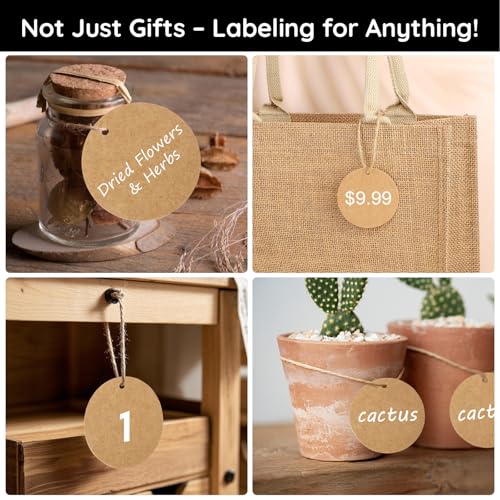 Segarty Circle Gift Tags - 100 PCS Brown Round Thick Kraft Blank Hang Paper Tags with 65 Feet Jute Twine for Craft Projects, Birthday Gifts, Greeting - Image 6