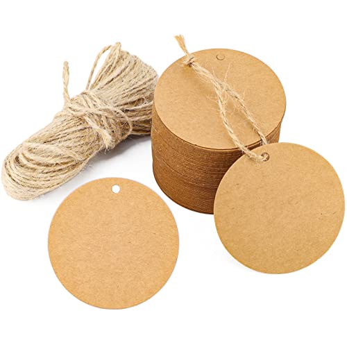 Segarty Circle Gift Tags - 100 PCS Brown Round Thick Kraft Blank Hang Paper Tags with 65 Feet Jute Twine for Craft Projects, Birthday Gifts, Greeting
