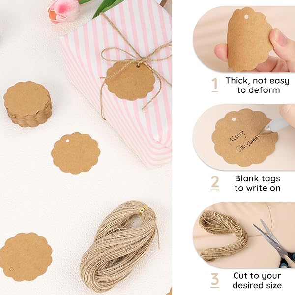Segarty Craft Tags - 100 PCS Brown Flower Paper Gift Tags with 65 Feet Jute Twine for Wedding Birthday Gifts, Craft Projects - Image 3