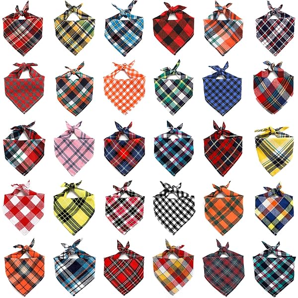Segarty 30 Pack Dog Bandanas Triangle Plaid Bibs for Medium Small Dogs Cats Adjustable Reversible Washable Pet Accessories