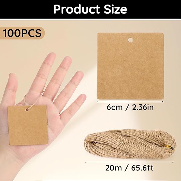 Segarty Gift Tags - 100 Pcs Brown Square Kraft Paper Tags with 65 Feet Jute Twine, Perfect for Gifts Wrapping, Crafts Project, Name Cards - Image 2