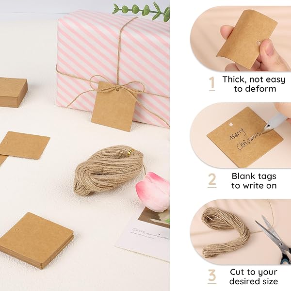 Segarty Gift Tags - 100 Pcs Brown Square Kraft Paper Tags with 65 Feet Jute Twine, Perfect for Gifts Wrapping, Crafts Project, Name Cards - Image 3