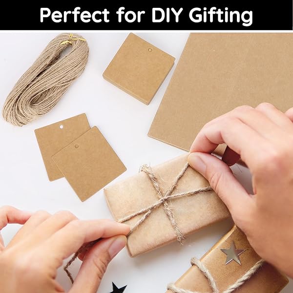 Segarty Gift Tags - 100 Pcs Brown Square Kraft Paper Tags with 65 Feet Jute Twine, Perfect for Gifts Wrapping, Crafts Project, Name Cards - Image 4