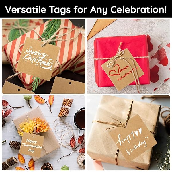 Segarty Gift Tags - 100 Pcs Brown Square Kraft Paper Tags with 65 Feet Jute Twine, Perfect for Gifts Wrapping, Crafts Project, Name Cards - Image 5