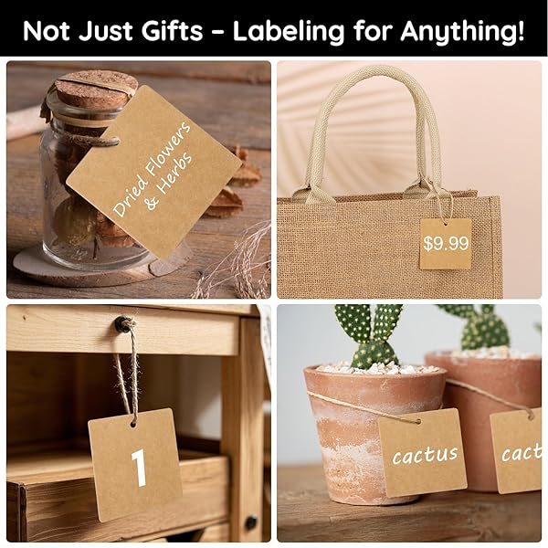 Segarty Gift Tags - 100 Pcs Brown Square Kraft Paper Tags with 65 Feet Jute Twine, Perfect for Gifts Wrapping, Crafts Project, Name Cards - Image 6