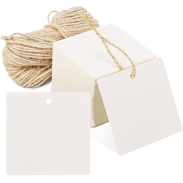 Segarty Paper Tags, 100 PCS White Square Craft Gift Tags with 65 Feet Jute Twine, Thick White Paper Blank Hang Tag for Gifts Wrapping, Craft Project,