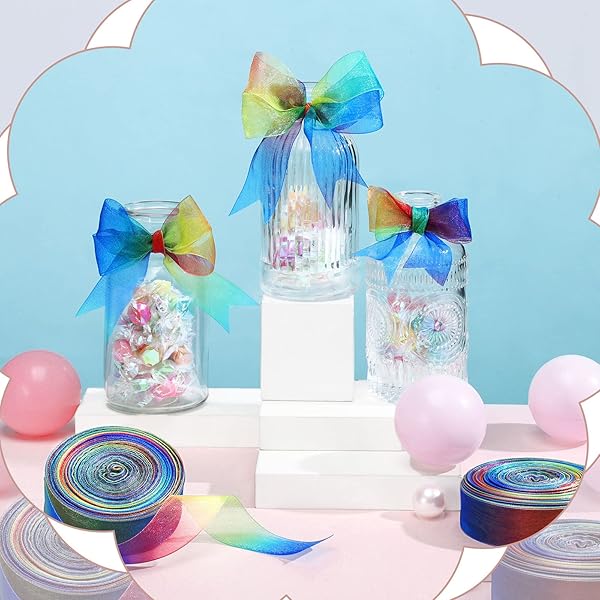 Shappy 1 Inch x 50 Yards Rainbow Gift Ribbon - Vibrant Sheer Organza for Perfect Gift Wrapping - Image 7