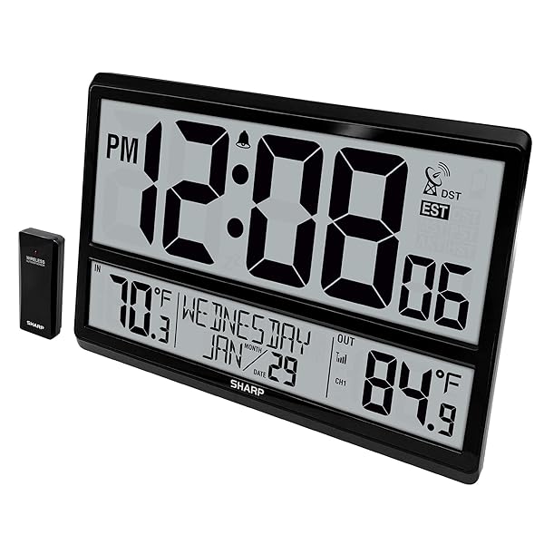 Sharp Atomic Clock with Easy to Read Numbers Indoor Outdoor Temperature Wireless Sensor Battery Powered Easy Set Up - Image 2