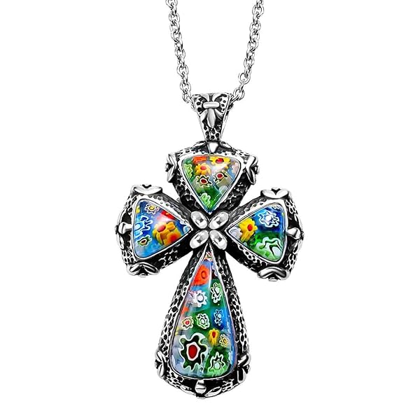 SHOP LC DELIVERING JOY "Shop LC Rainbow Cross Necklace - Murano Millefiori Glass, Enameled Stainless Steel, 20" - Perfect Christian Gift!"
