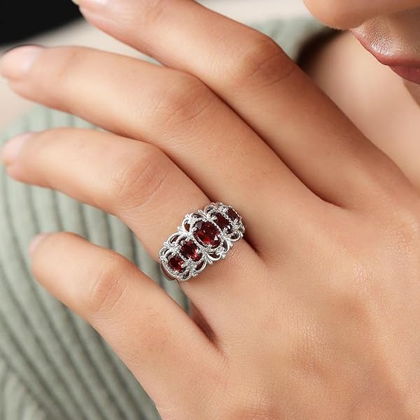 Shop LC Garnet 5 Stone Statement Ring - Platinum Plated Victorian Jewelry for Women, Size 6, Perfect Bridesmaid Gift - Image 3