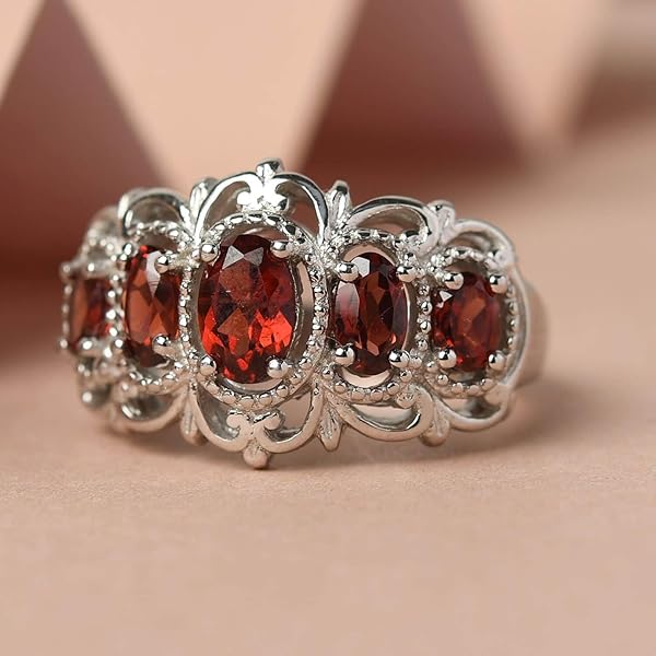 Shop LC Garnet 5 Stone Statement Ring - Platinum Plated Victorian Jewelry for Women, Size 6, Perfect Bridesmaid Gift - Image 4
