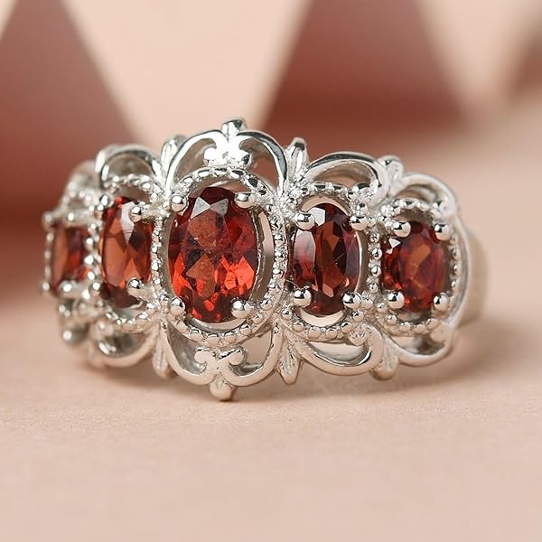 Shop LC Garnet 5 Stone Statement Ring - Platinum Plated Victorian Jewelry for Women, Size 6, Perfect Bridesmaid Gift - Image 5