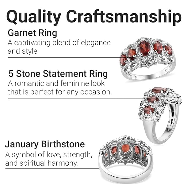 Shop LC Garnet 5 Stone Statement Ring - Platinum Plated Victorian Jewelry for Women, Size 6, Perfect Bridesmaid Gift - Image 6