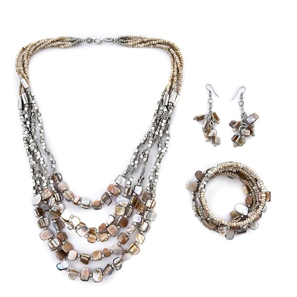 Shop LC Handmade Chunky Beige Beaded Jewelry Set: Boho Necklace, Bracelet & Earrings for Women - Perfect Summer & Christmas Gifts