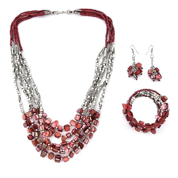 Shop LC Handmade Chunky Red Beaded Jewelry Set: Necklace, Bracelet & Earrings for Women - Perfect Boho Beach Gifts!
