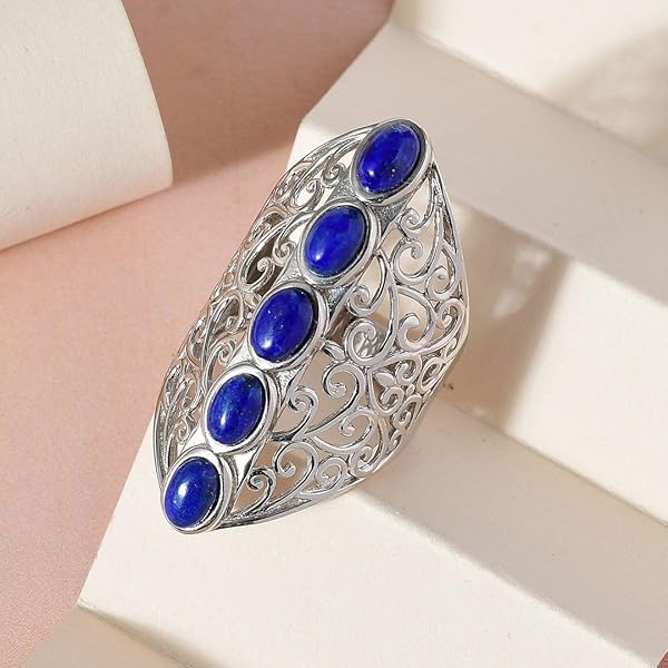 Shop LC Platinum Plated 5 Stone Lapis Lazuli Ring - Perfect Christmas Gift for Women - Image 4