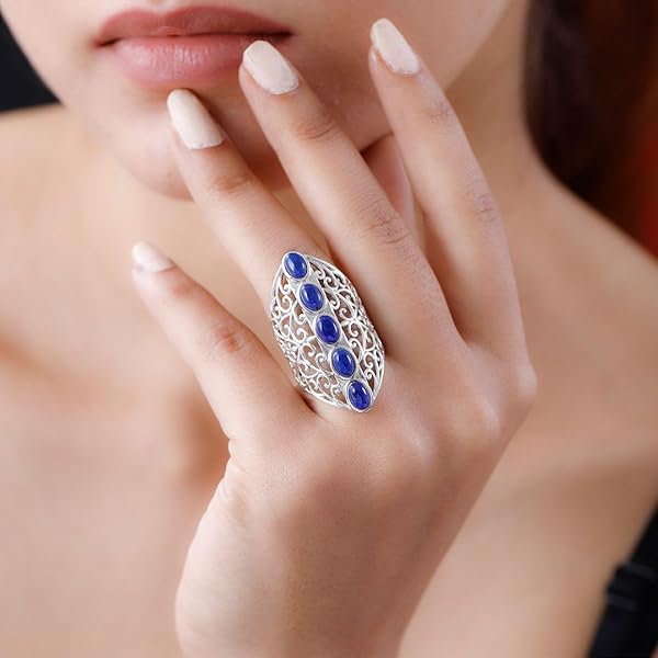 Shop LC Platinum Plated 5 Stone Lapis Lazuli Ring - Stunning Openwork Statement Jewelry for Women - Image 3
