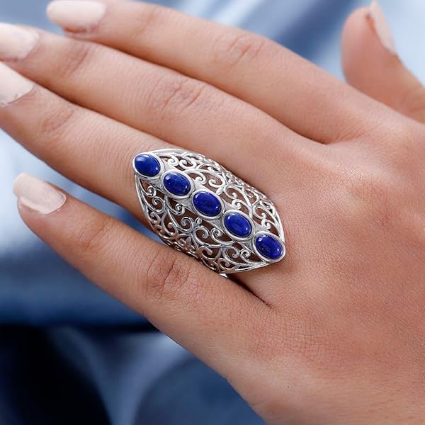 Shop LC Platinum Plated 5 Stone Lapis Lazuli Ring - Stunning Openwork Statement Jewelry for Women - Image 6