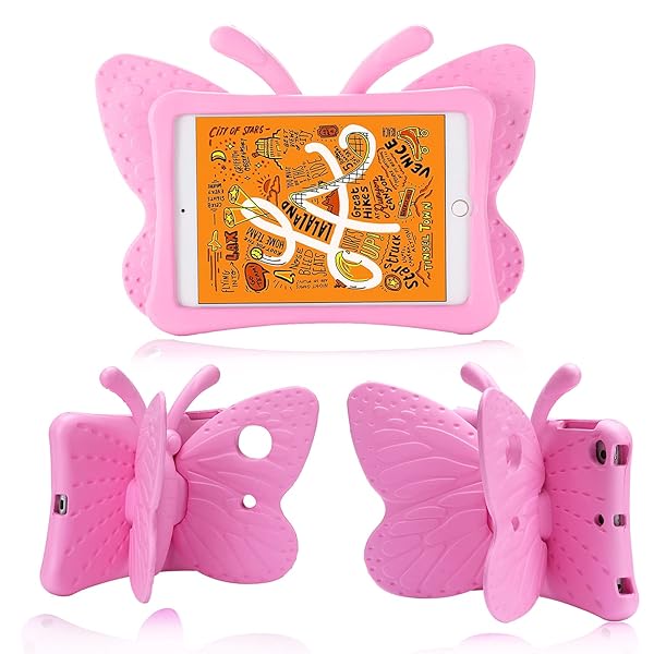 Simicoo iPad Mini 6/7 Cute Butterfly Case for Kids - Shockproof, Lightweight, with Stand & Pencil Holder (Pink)