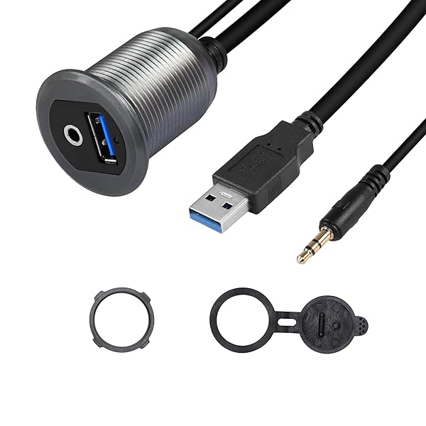 SinLoon USB 3.0 and 3.5mm Car Mount Flush Cable 3.3FT Waterproof AUX Extension for Car Boat Motorcycle Dash Panel