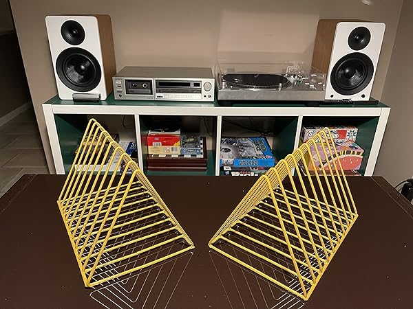 Skywin Record Organizer 2 Pack Vinyl Rack Storage Triangle File Organizer for Desk Holds Up To 60 Albums Space Saving Magazine Holder Gold - Image 3