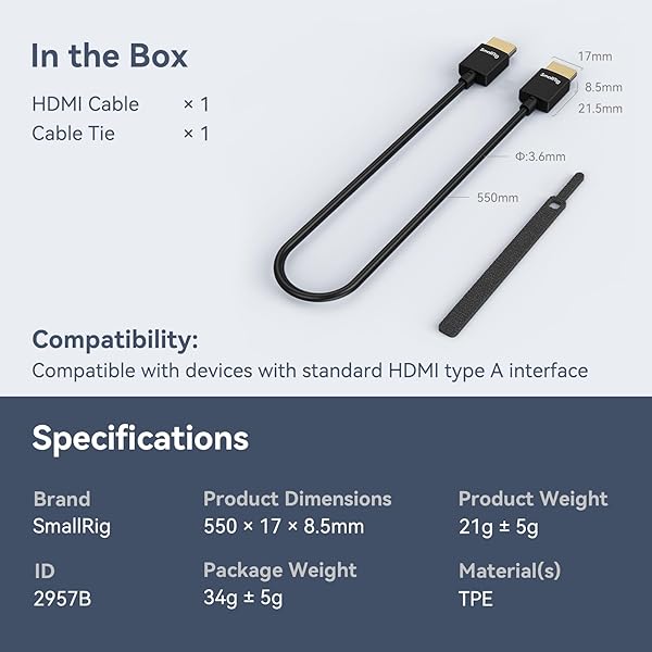 SmallRig Upgraded Ultra Thin HDMI Cable 55cm/1.8Ft (A to A), 4K Hyper Super Flexible Slim Cord, High Speed Supports 3D, 4K@60Hz, Ethernet, ARC Type-A Male to Male for Camera, Monitor, Gimbal - 2957B - Image 9