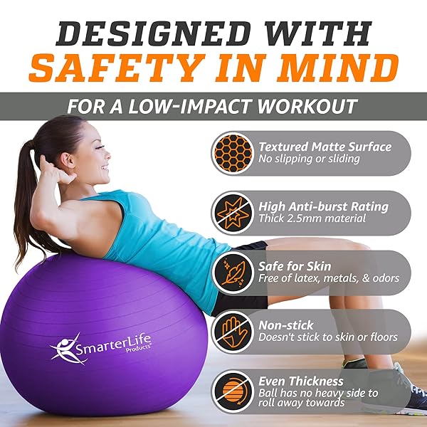 SmarterLife 65cm Exercise Ball: Premium Non-Slip Yoga & Fitness Ball for Home, Office, Stability & Birthing - Purple - Image 6