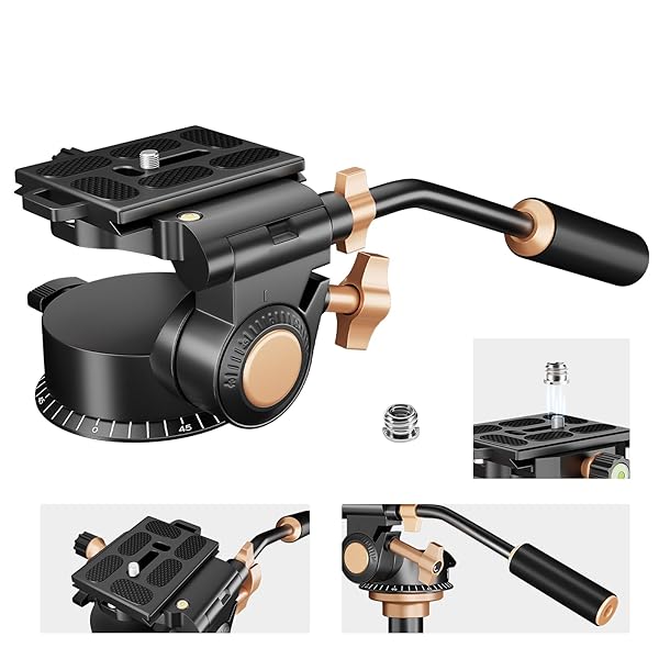 soonpho Soonpho Q-08S Heavy Duty Video Camera Tripod Fluid Drag Pan Head with Extended Handle for DSLR Camera,Camcorders,1/4 & 3/8 inch Screw Sliding Plate 360 Degree Rotating Tripod Head