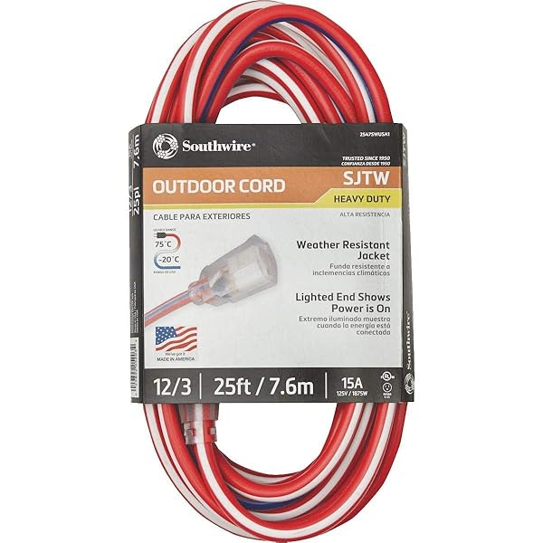 Southwire 2547SWUSA1 25ft Lighted End Extension Cord - Contractor Grade, Water Resistant, Indoor/Outdoor Use