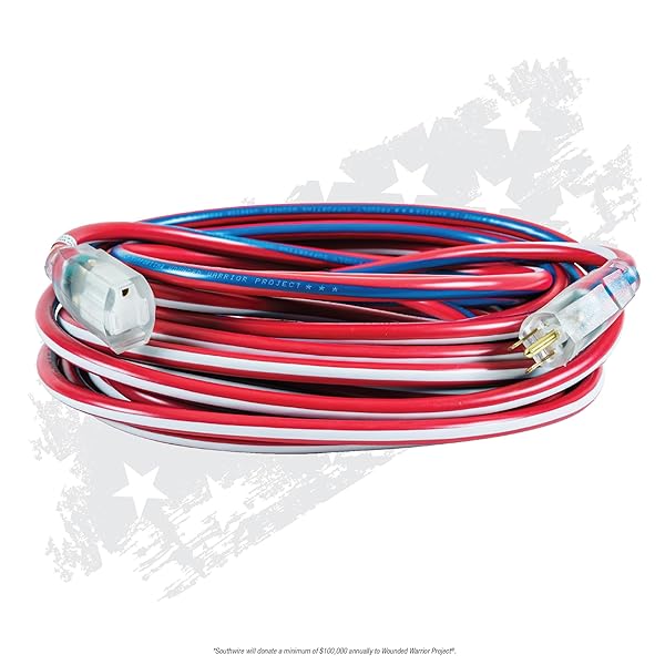Southwire 50ft Heavy Duty Extension Cord - 12 Gauge, Outdoor, Lighted End, SJTW, Red/White/Blue - Durable Power Solution - Image 4