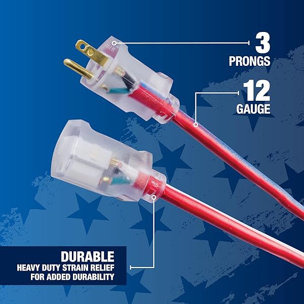 Southwire 50ft Heavy Duty Extension Cord - 12 Gauge, Outdoor, Lighted End, SJTW, Red/White/Blue - Durable Power Solution - Image 7