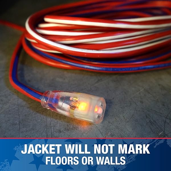 Southwire 50ft Heavy Duty Extension Cord - 12 Gauge, Outdoor, Lighted End, SJTW, Red/White/Blue - Durable Power Solution - Image 8