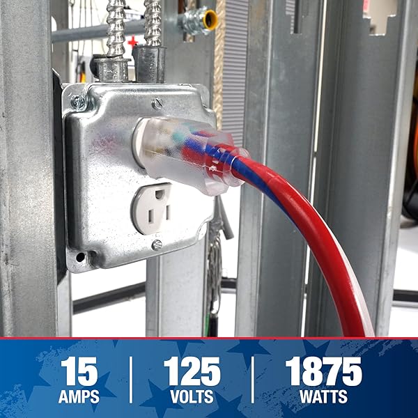 Southwire 50ft Heavy Duty Extension Cord - 12 Gauge, Outdoor, Lighted End, SJTW, Red/White/Blue - Durable Power Solution - Image 11