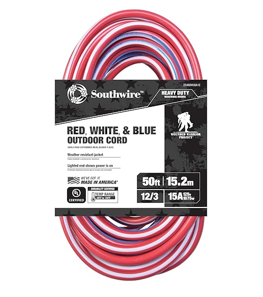 Southwire 50ft Heavy Duty Extension Cord - 12 Gauge, Outdoor, Lighted End, SJTW, Red/White/Blue - Durable Power Solution