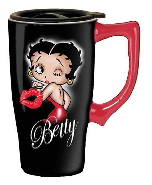 Spoontiques Insulated Travel Mug Betty Boop Hearts Ceramic Coffee Cup 15 oz Black Perfect Gift for Coffee Lovers