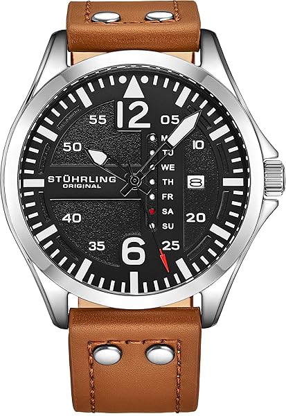 Stuhrling Original Men's Aviation Leather Watch - Quick-Set Day-Date, Steel Rivets & Stylish Design