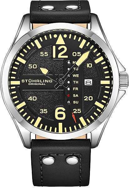 Stuhrling Original Mens Leather Watch -Aviation Watch, Quick-Set Day-Date Leather Band with Steel Rivets,