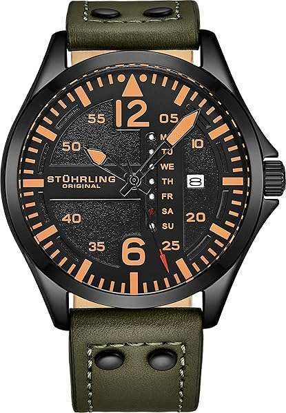 Stuhrling Original Mens Leather Watch -Aviation Watch, Quick-Set Day-Date Leather Band with Steel Rivets,