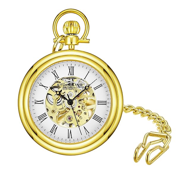 Stuhrling Original Men's Stainless Steel Pocket Watch - Hand Wind Mechanical Skeleton Design