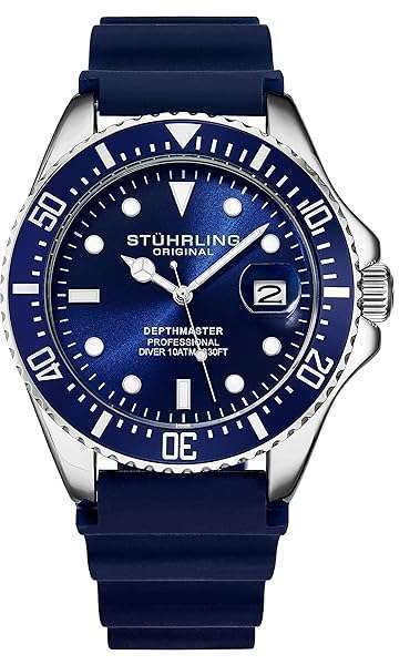 Stuhrling Original Men's Watch Dive Watch Silver 42 MM Case with Screw Down Crown Rubber Strap Water Resistant to 330 FT (Black)