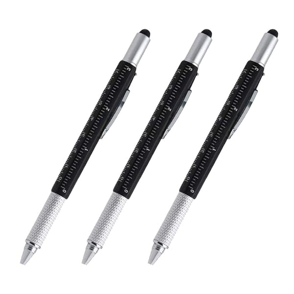 7-in-1 Multi-Tool Stylus Pen Set: Touchscreen, Ballpoint, Ruler & Screwdrivers - 3 Pack Black