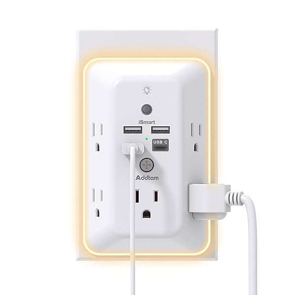Addtam Addtam 5-Outlet Surge Protector with Night Light & 4 USB Ports - Essential Multi Plug for Home, Office & Dorm Room